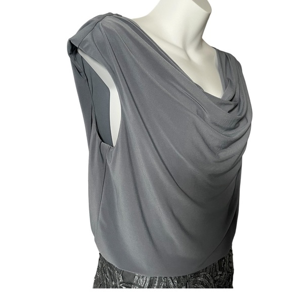 Adrianna Papell Metallic Grey Blue Cowl Neck Embroidered Skirt Cocktail Dress - Picture 3 of 8